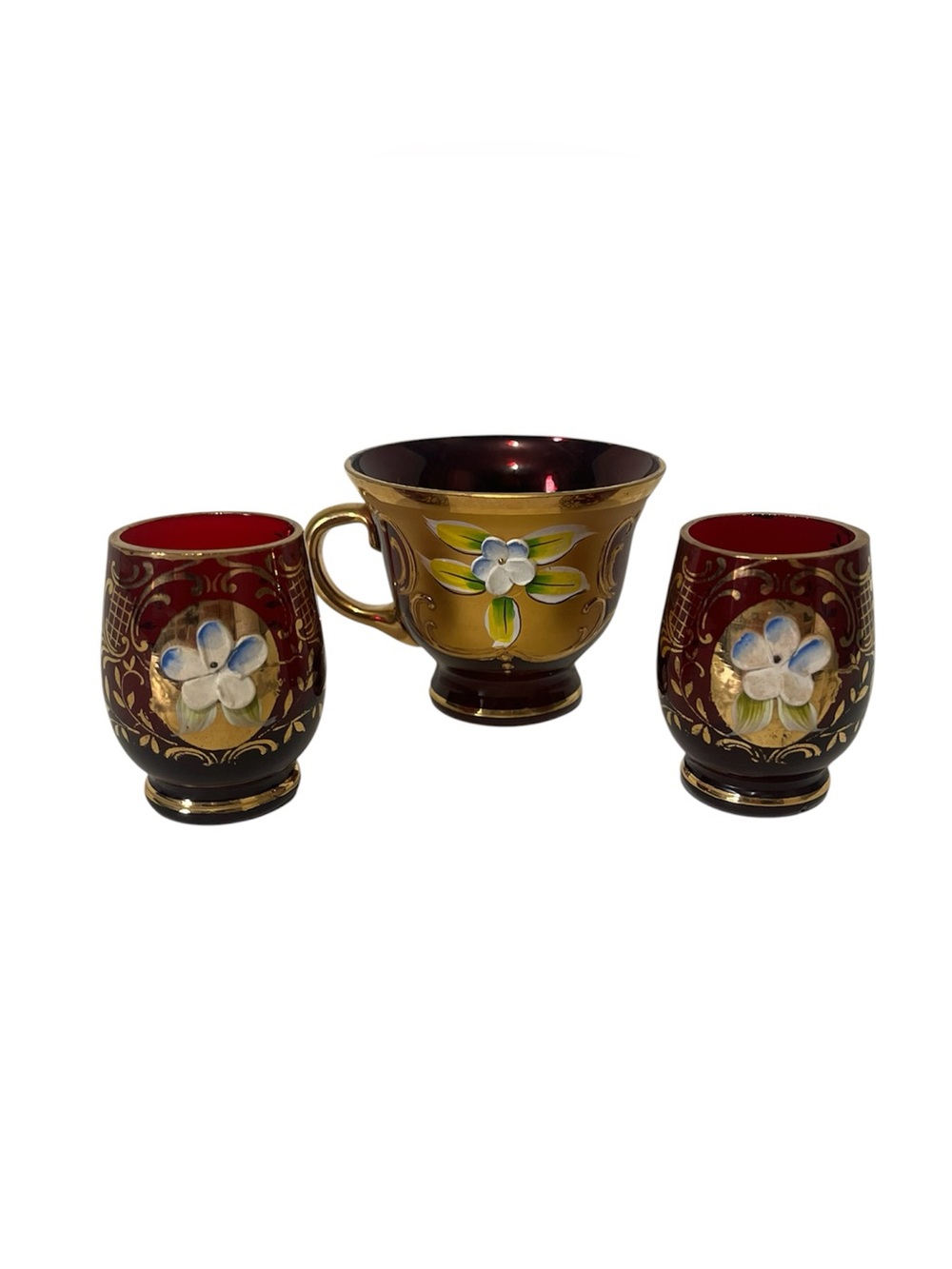 Vintage Murano Cranberry Glass Set with Handpainted 24k Gold Floral Decor